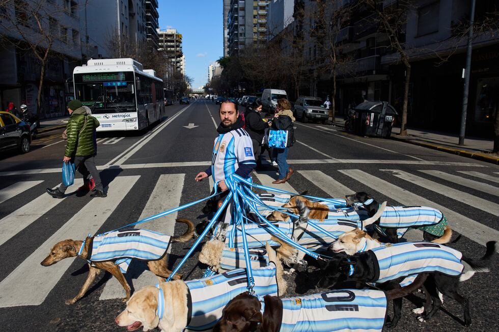 Nahuel Meneghini, paseador de perros, pasea a los perros vestido con camisetas de la selección...